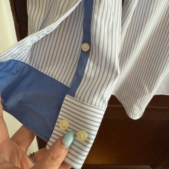 JHANE BARNES | Men's Slim Fit Non-Iron Blue White Striped Button Up Shirt Medium - Picture 9 of 9